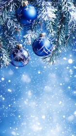 Blue Christmas baubles on snowy fir branches, bokeh glow.