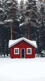 Red cabin stands in snowy forest clearing under pines.