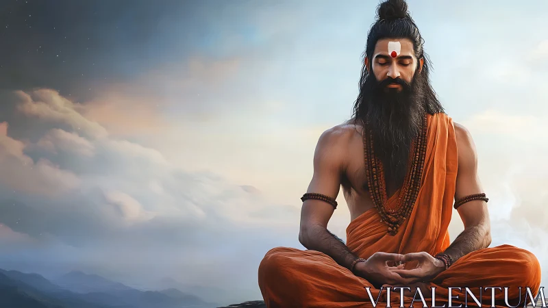 Mountain sage in sunrise meditation over drifting clouds.