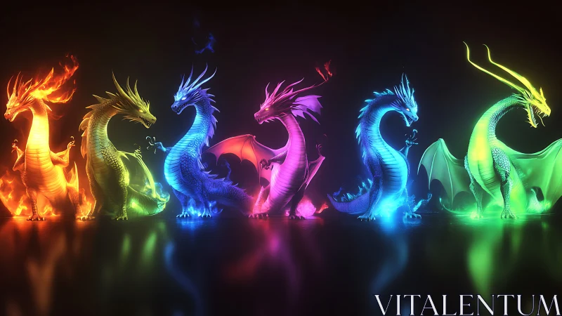 Chromatic elemental dragons blaze across mirrored void