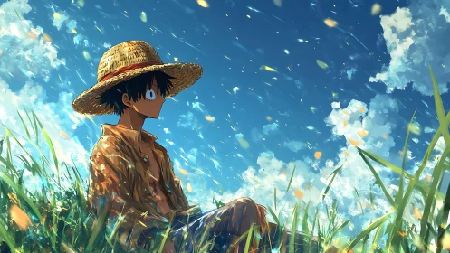 Straw-hatted youth resting in luminous pastoral meadow under sky.