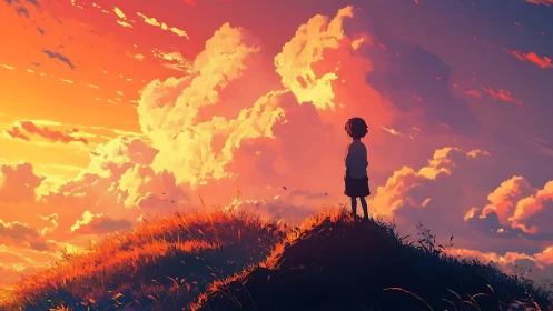 Silhouetted child on grassy hill under dense sunset clouds.