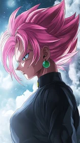 Side-profile anime warrior with pink spiked hair and hard rim lighting