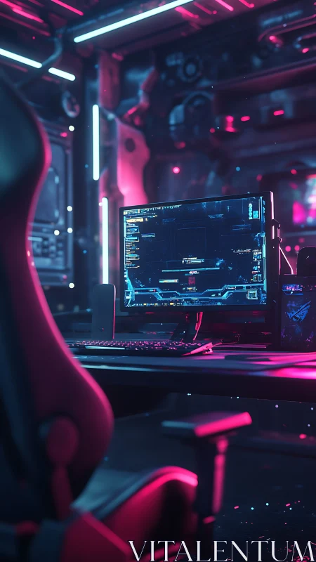 Cyberpunk command workstation with neon-lit ergonomic rig.
