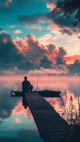 Silhouette fisherman sits on pier under vivid sunset sky