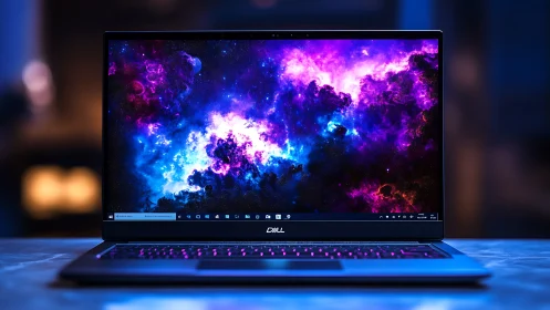 Dell laptop with vibrant nebula wallpaper on illuminated desk