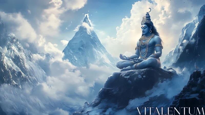 Meditating blue deity on snowy mountain peak.