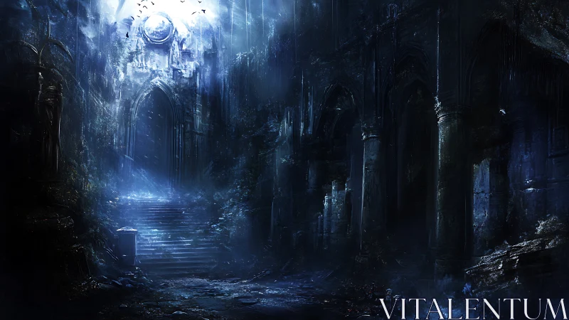 Ruined gothic hall shows moonlit staircase and tall arches