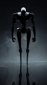 Monolithic black robot towering over reflective void.