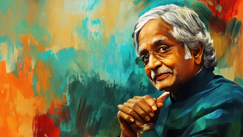 Elderly man portrait against vivid abstract painted background