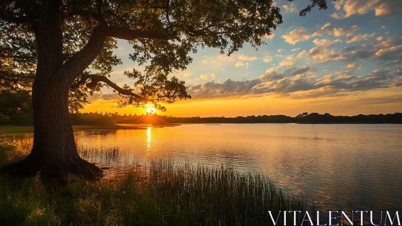 Sunset light pouring across tranquil lakeside shallows.