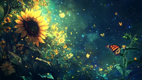 Nocturnal sunflower meadow with luminescent butterflies in flight