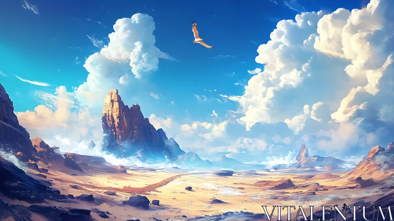 Soaring eagle above luminous desert mesas at dawn.