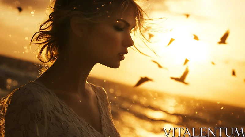 Sunlit silhouette of a wistful dreamer by the glittering sea.