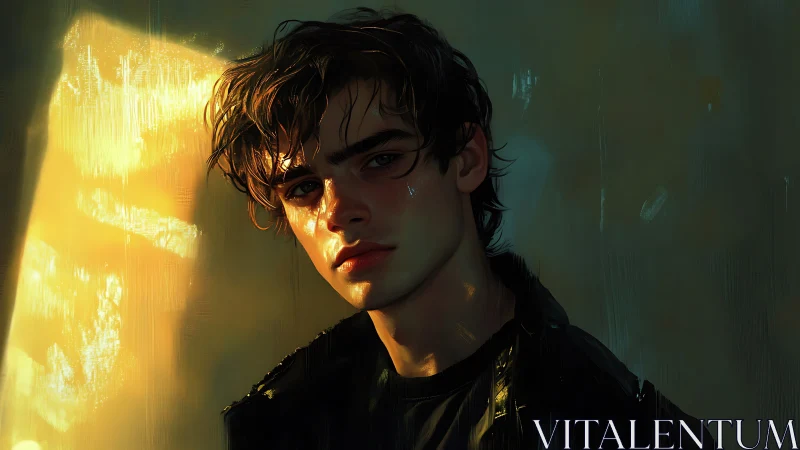 Young man in dramatic side lighting stares toward camera