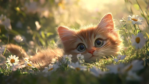 Red tabby kitten surrounded by white daisies in golden sunlight.