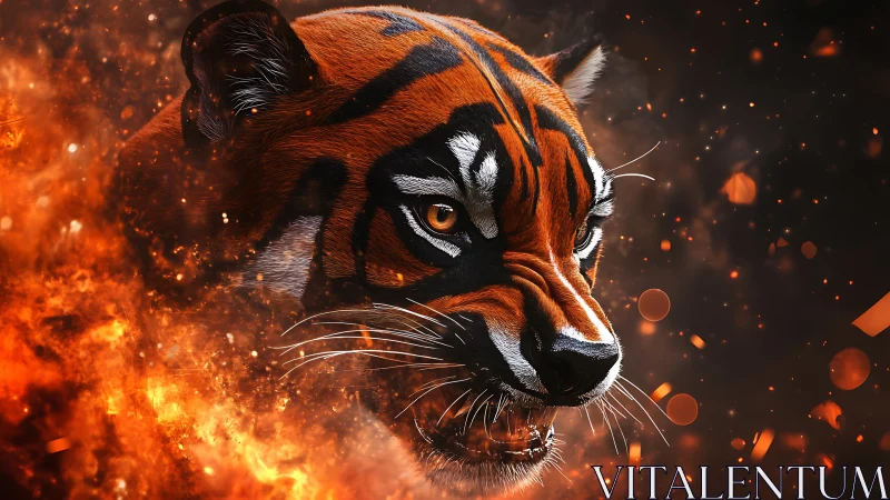 Fiery tiger roars through swirling sparks and embers.