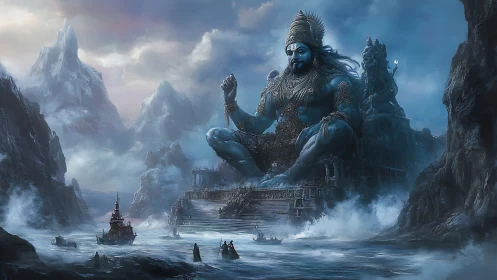 Mythic blue deity amid storm-lashed Himalayan seascape temple.