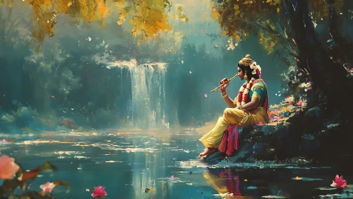 Flute song curls through mist as the river listens softly