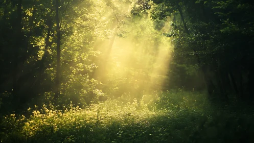 Sunlight streaming through lush green forest, tranquil nature scene.