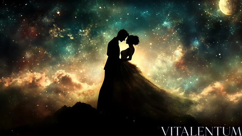 Celestial Romance: Silhouetted Lovers in Stardust.