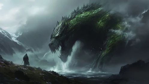 Storm-drenched colossus bends toward a lone mountain wanderer