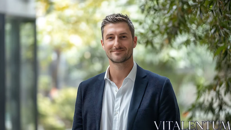 Business professional in shallow depth-of-field outdoor corporate portrait
