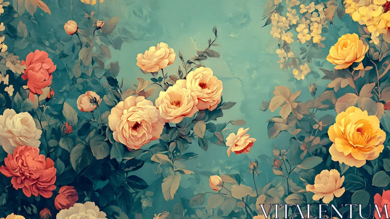 Vintage Garden Roses Against Teal Background.
