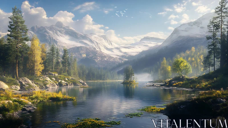 Mountain lake landscape with forest, rocks, and distant peaks.