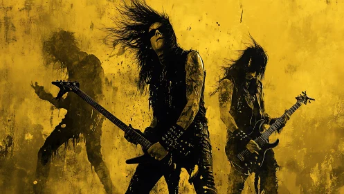 Explosive metal guitarists silhouetted on grungy yellow field.