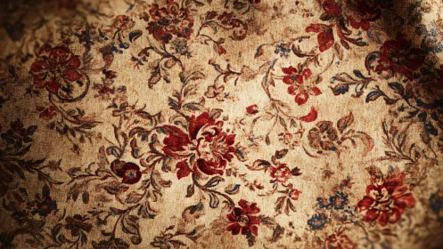 Floral textile surface shows worn, densely patterned fabric
