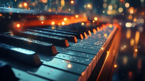 Piano keys glow under cinematic bokeh city lights.