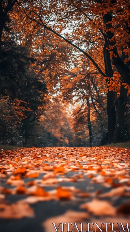 Autumn forest path carpeted with orange fallen leaves.
