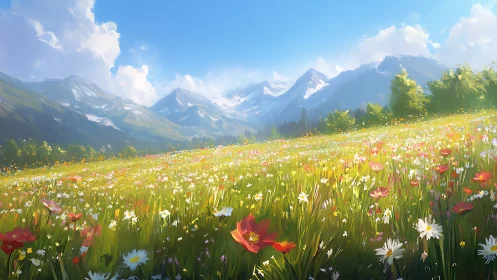 Wildflower meadow under bright alpine mountain sky.