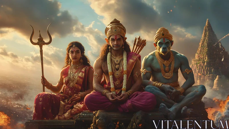 Epic digital tableau of Hindu deities over burning landscape.