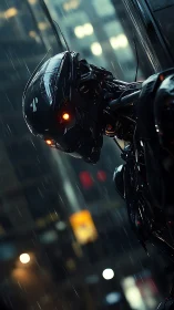 Robotic figure with illuminated eyes stands in rainy city alley