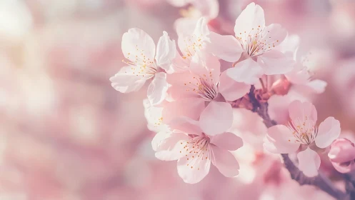 Soft pink cherry blossoms glow gently in dreamy spring light