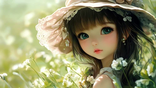 Green-eyed garden muse in lace-lit summer reverie.