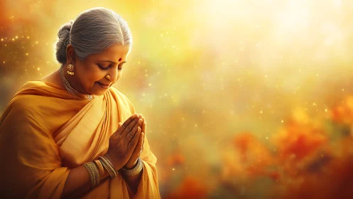 Elderly Indian Woman in Traditional Attire, Warm Spiritual Portrait.