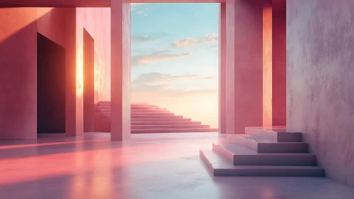 Serene Sunset Gateway: Modern Architecture Bathed in Golden Light