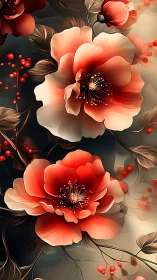 Red and Cream Botanical Flowers with Dark Foliage and Berries.