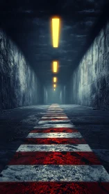 Neon ceiling beacons guide a red-striped path into shadow