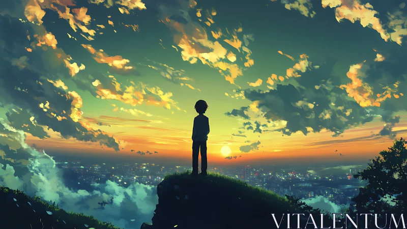 Silhouette of solitary figure observing city at sunset