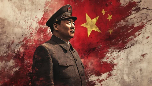 Military officer portrait against stylized China flag backdrop.