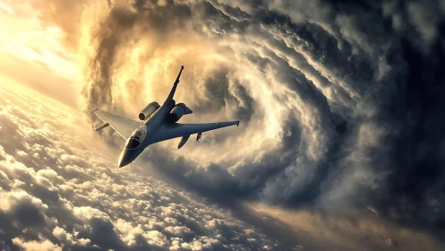 Jet fighter spears a storm vortex in molten sunset skies.