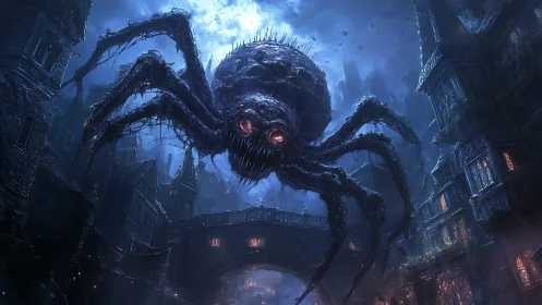 Giant nightmarish spider drifting over a haunted city street.
