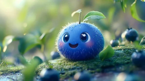 Furry blue berry character rendered on mossy forest floor