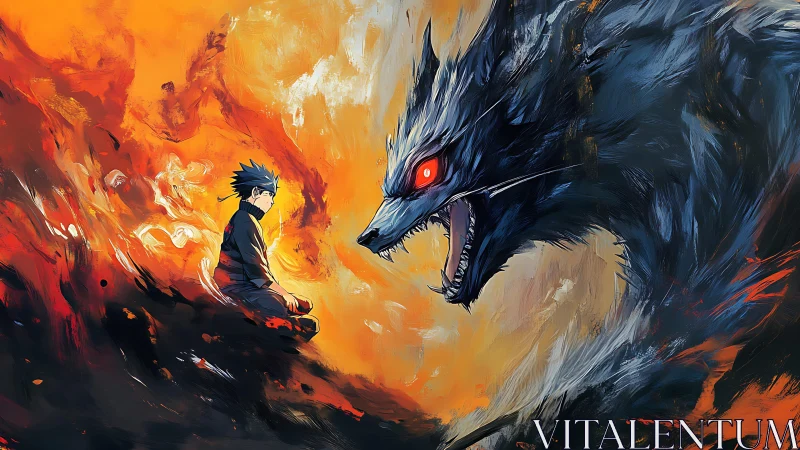 Meditating boy confronting fiery spirit wolf in chaos.