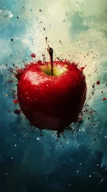 Exploding red apple suspended in vibrant abstract space.