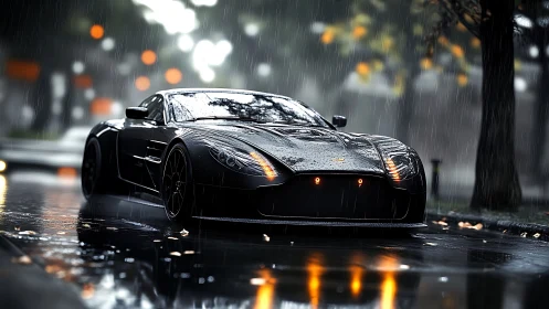 Black sports coupe on wet city street in steady rain.